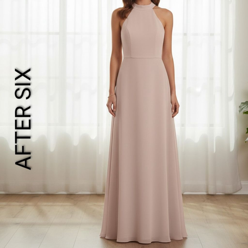 Women's After Six Beige Halter Neck Chiffon Maxi Dress Size 6 bridesmaid gown
